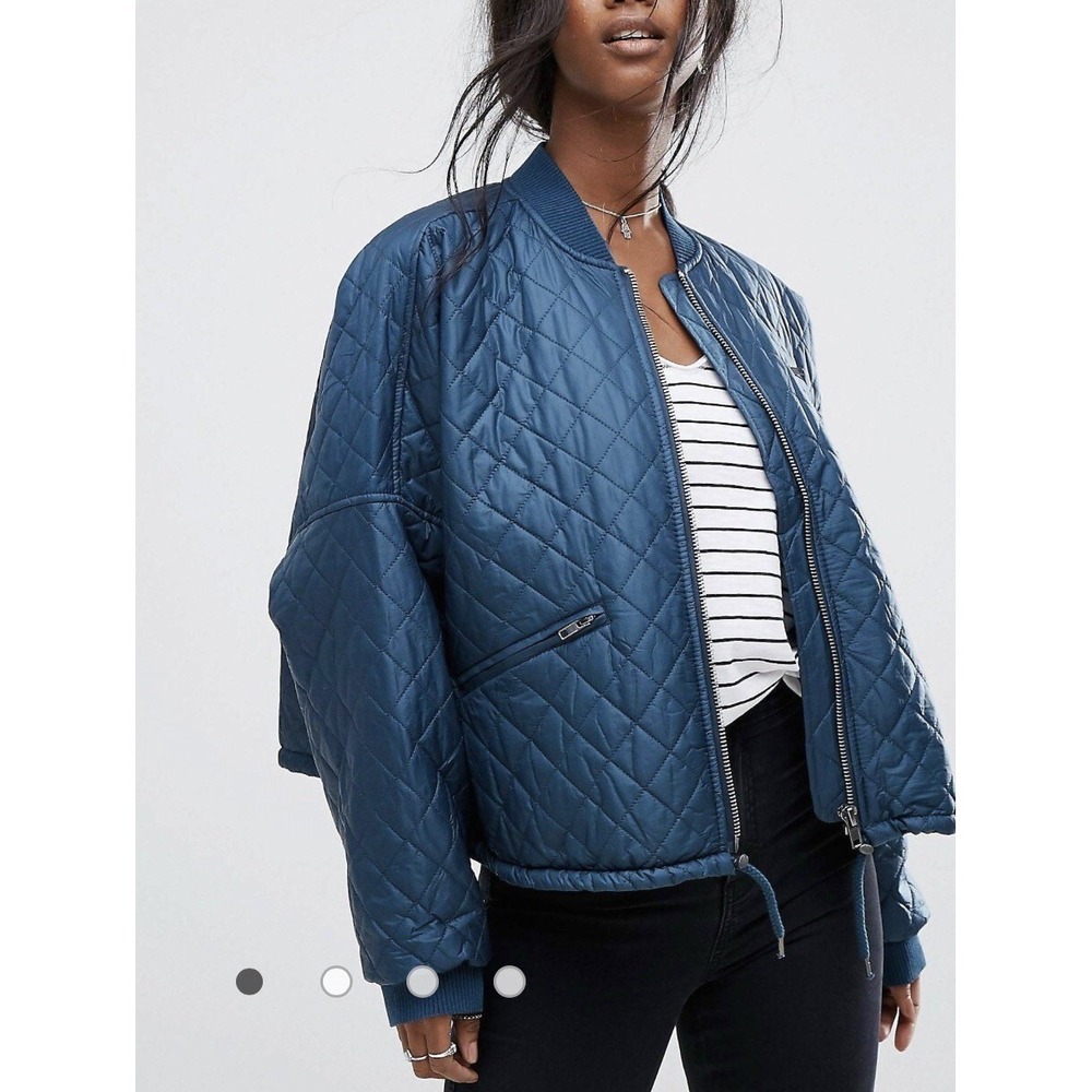 FREE PEOPLE QUILTED BOMBER JACKET CROP DARK TURQUIOSE‎ TEAL Sz L